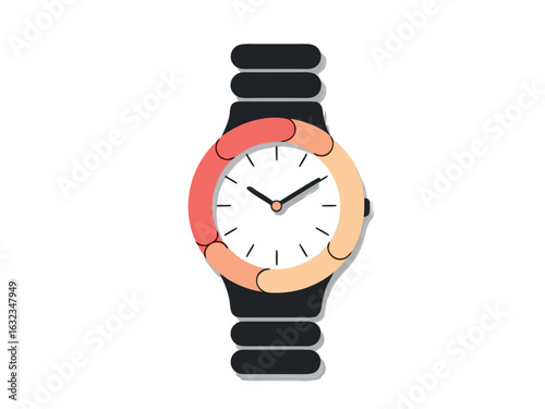 Flat design wristwatch with black strap and colorful bezel on white background time