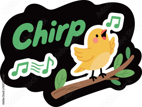 Tableau sur toile A happy yellow cartoon bird chirping on a tree branch with musical notes, with the text Chirp in a playful and cheerful sticker style