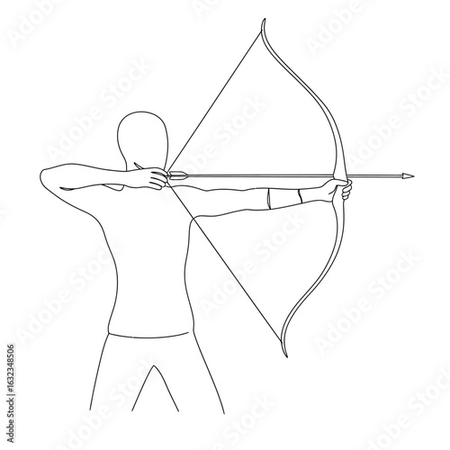 A black and white line drawing of an archer aiming a traditional bow and arrow.