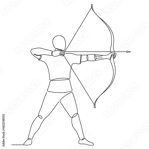 A continuous line drawing of an archer in a classic stance aiming a bow and arrow.
