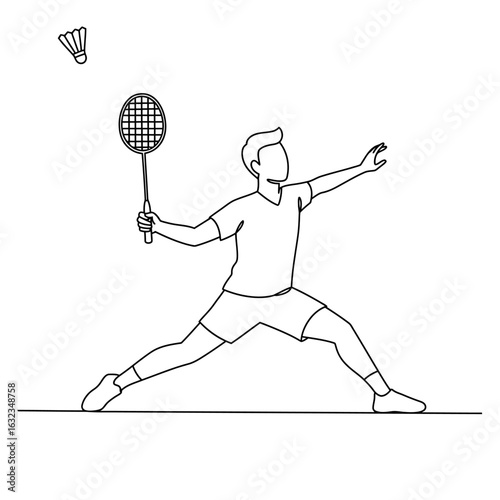 A minimalist line art illustration of a male badminton player in a dynamic pose hitting a shuttlecock.