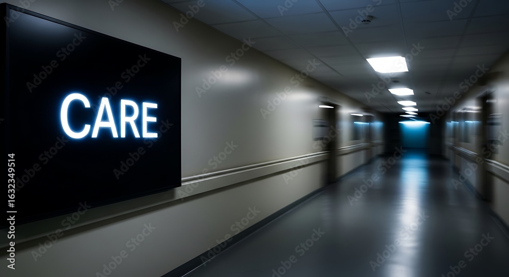 Obraz premium Hospital Corridor with CARE Signage and Dim Lighting