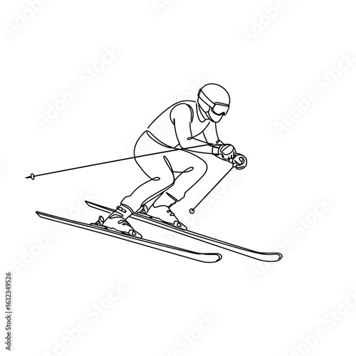 A continuous one-line drawing of an alpine skier in a speed tuck position.