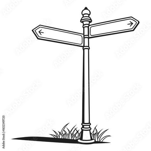 Direction Sign: A vintage direction sign showing two directions with blank spaces against the backdrop of simple grass.