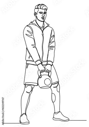 A man holding a kettlebell in a deadlift stance, depicted in a simple continuous line art.