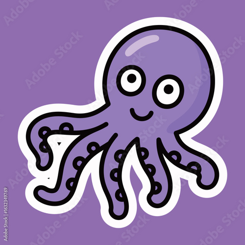 A charming and cute purple octopus with a happy smile, a friendly cartoon sticker design on a purple background.