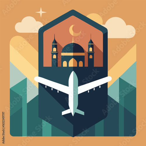 A stylized icon featuring a passport airplane and the kaaba presented on an abstract background symbolizing travel and pilgrimage