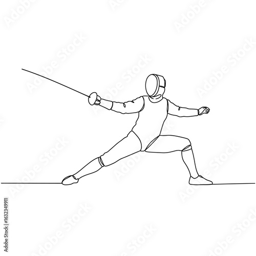 Single continuous line art depicts a fencer in uniform and mask lunging forward with a sword.