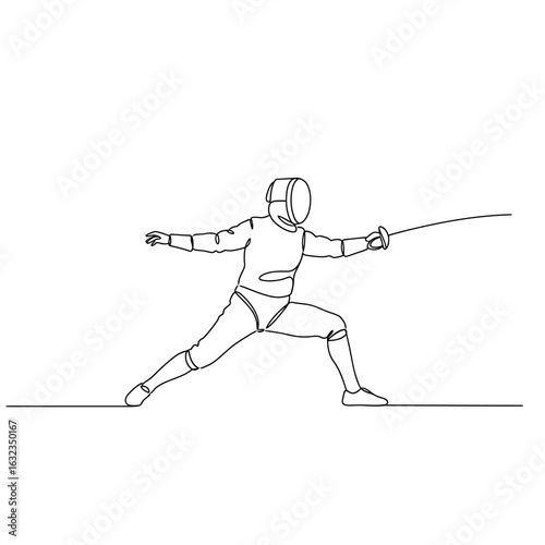 Continuous one line drawing of a fencer athlete in a dynamic attacking pose with a sword.