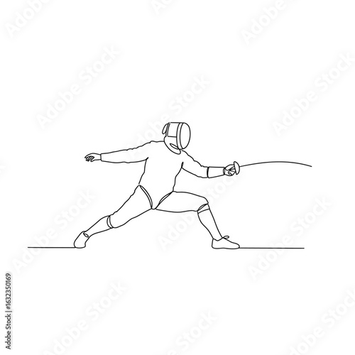 Minimalist one-line illustration of a fencer in uniform lunging forward with a sword.