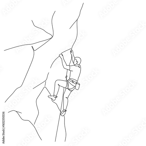 A minimalist line art drawing of a rock climber ascending a steep cliff face with a rope and harness.
