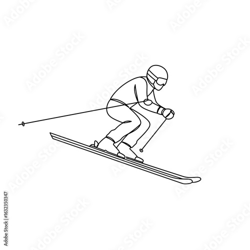 A minimalist one-line drawing of a skier in a crouched position, wearing a helmet and goggles while skiing downhill.