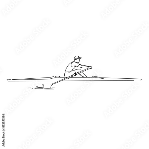 A single rower in a racing shell, captured mid-stroke in a minimalist line art illustration.