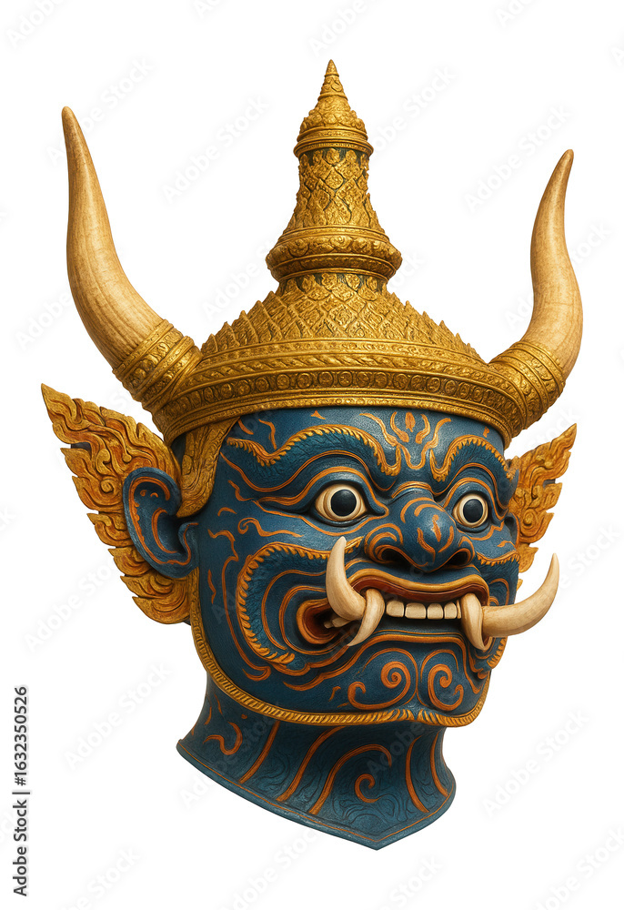 Naklejka premium Ornate traditional Asian ceremonial mask with gold and blue detailing and prominent horns on transparent background.