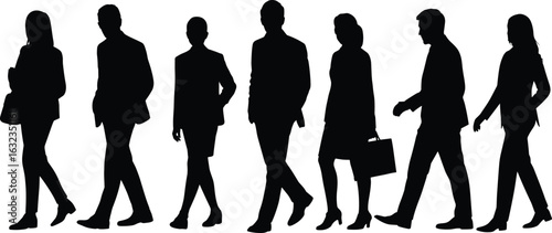 Silhouettes of business professionals walking, corporate attire, office commute, teamwork, leadership, diversity, unity, briefcases, professional group, success, motion