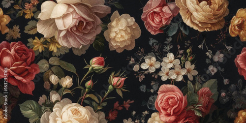 Abstract Vibrant floral pattern featuring an array of roses and blossoms on a rich background with texture.