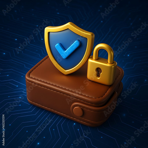 Secure digital wallet with shield and lock icon