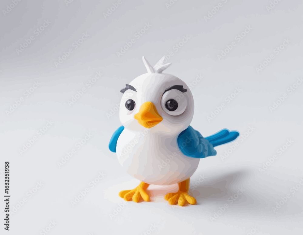 Obraz premium 3d Colorful beautiful small bird vector. A high-quality, professional vector features a detailed figurine of a cartoonish blue and white bird. The bird, standing on a clean white surface.