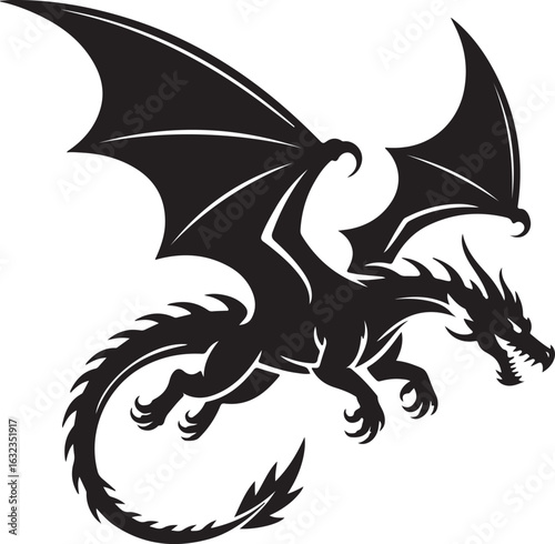 Flying Dragon Silhouette Icon, Bold Solid Black Vector, Tribal tattoo set featuring animals dragons and fantasy symbols in black silhouette style.