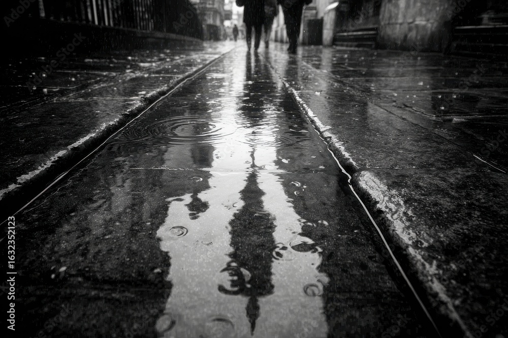 Fototapeta premium Rainy urban street in black and white, featuring wet pavement reflections.