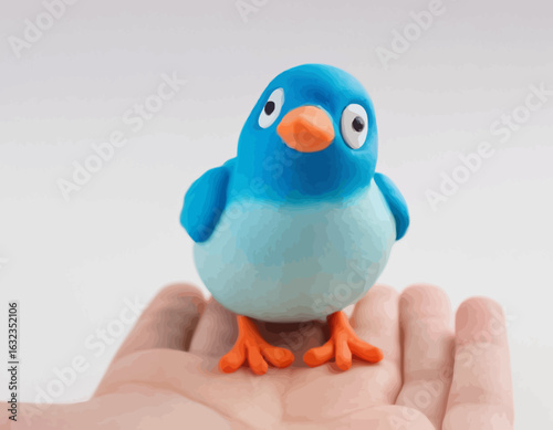 3d Colorful beautiful small bird vector. A high-quality, professional vector features a detailed figurine of a cartoonish blue and white bird. The bird, standing on a clean white surface.