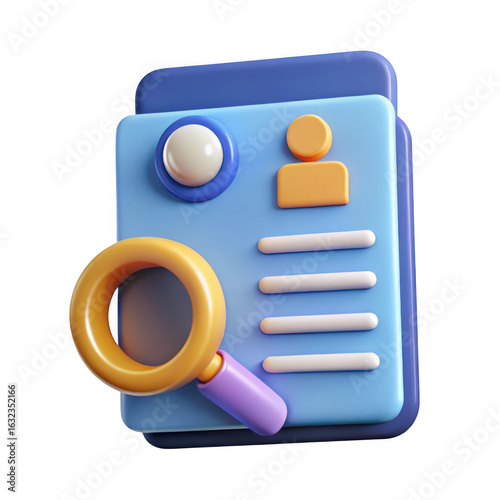 3d resume icon with magnifying glass isolated on transparent background