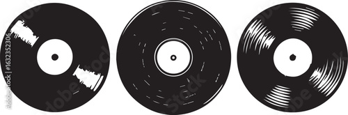 Trendy elements vinyl records with photocopy effect. Grunge punk dotted stickers for collage, poster, print, music cove. Vector illustration on an isolated background