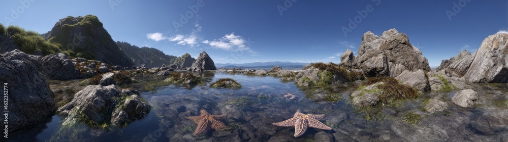 Fototapeta premium Starfish gathering coastal rocks hdr panorama