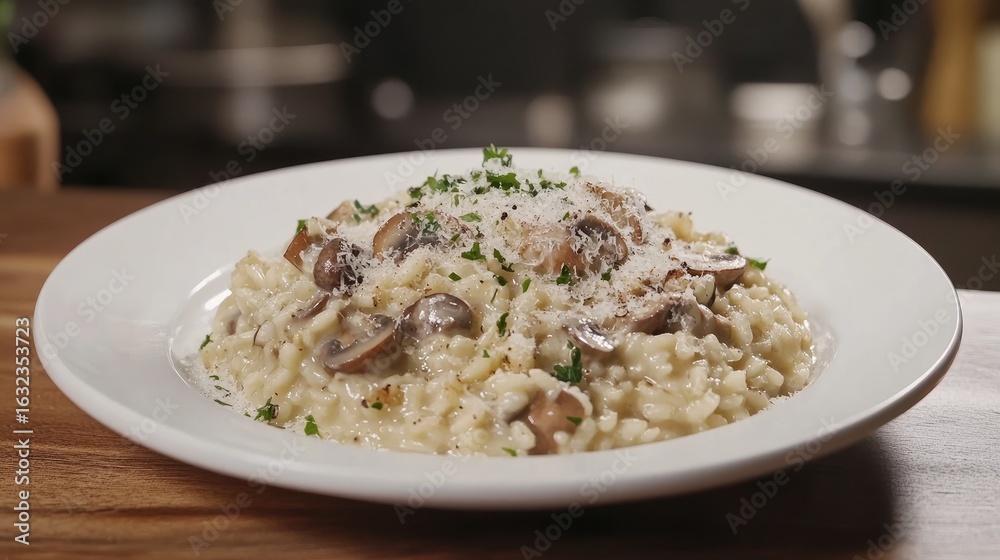Creamy mushroom risotto on a white plate Creamy mushroom risotto on a white plate