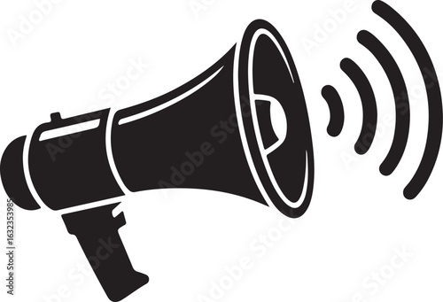 Megaphone Silhouette Vector Icon, Solid Black Announcement Symbol, Megaphone icon vector illustration on white background for communication and announcement.