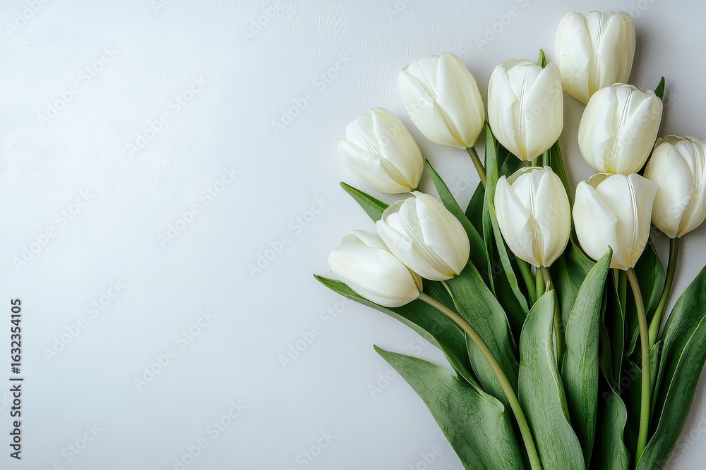 Obraz premium Bouquet of white tulips on right side against plain background with copy space on left, web banner style