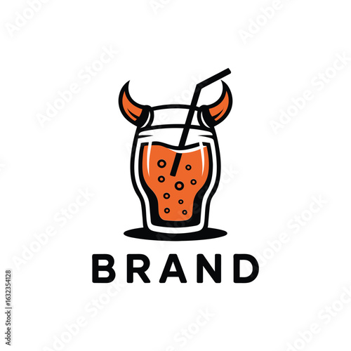 Bull drink logo with horns on glass for bar or beverage brand.