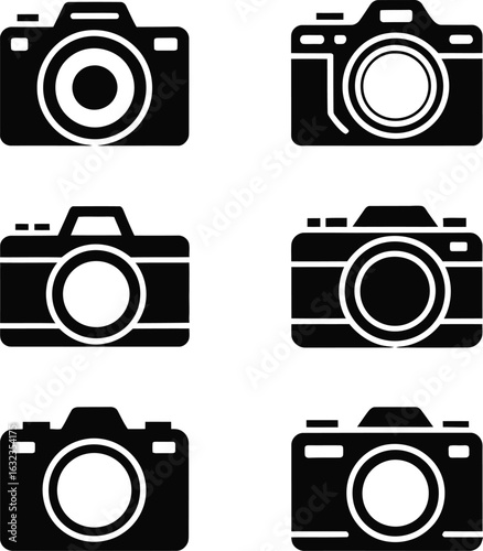 Six black camera icons on a white background photography symbol