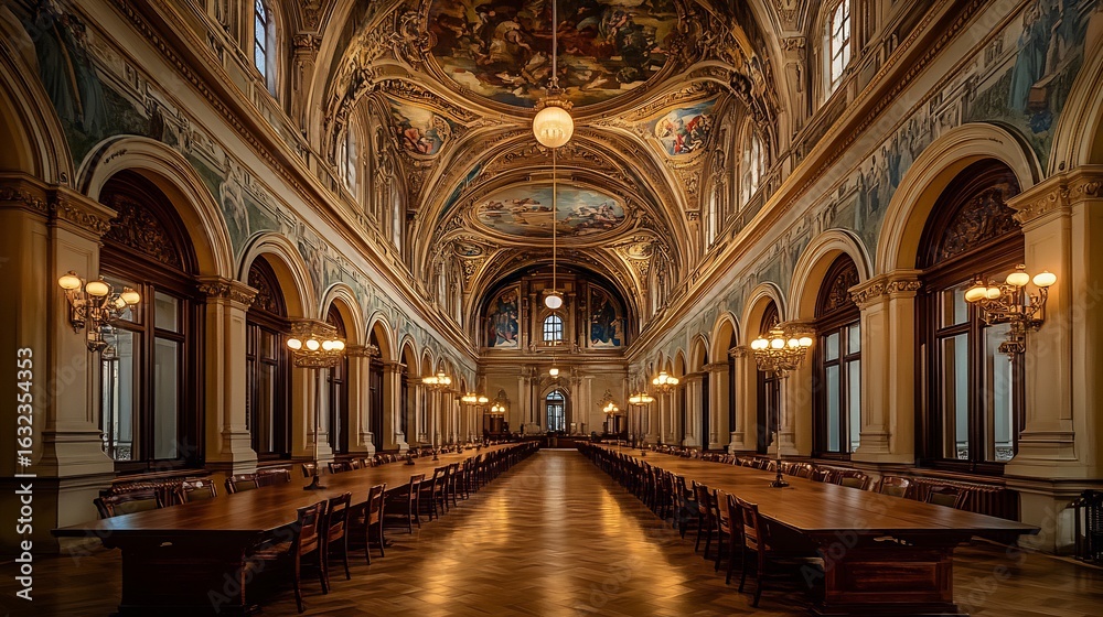 Fototapeta premium Grand public library hall with intricate vaulted ceilings detailed murals and ornate chandeliers Long wooden tables are arranged for study with lamps casting soft light