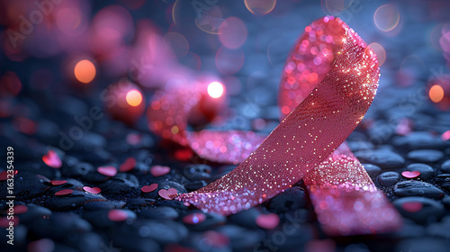 Pink ribbon awareness, scattered hearts, dark background.
