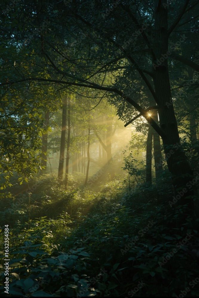 Obraz premium Sunlight filtering through a lush green forest canopy creating ethereal light beams illuminating the undergrowth