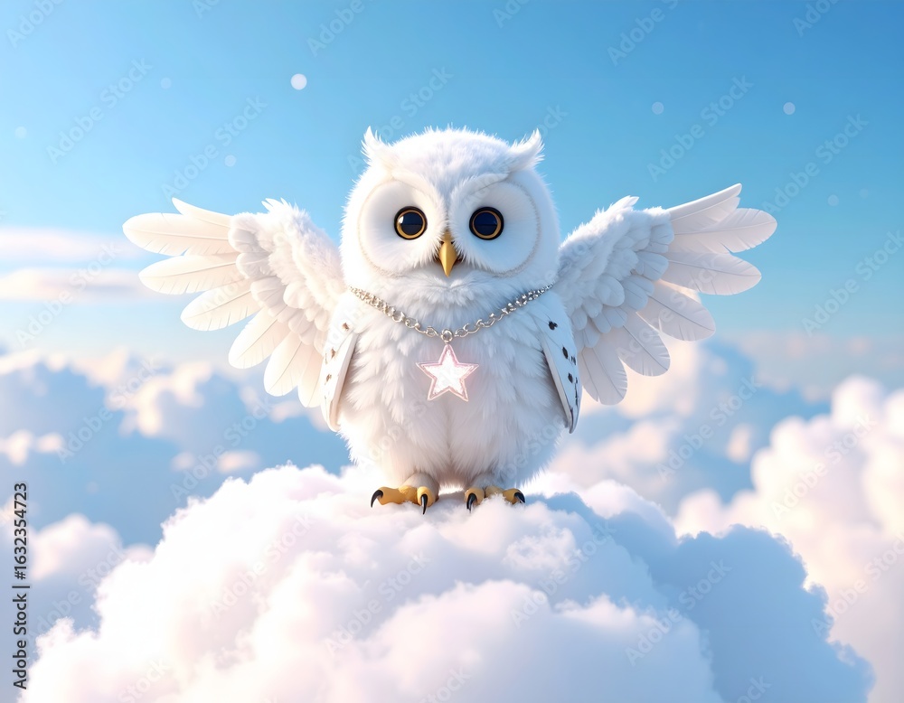 Fototapeta premium Adorable white snowy owl with outstretched wings and glowing star pendant perched on fluffy clouds in a bright blue sky.