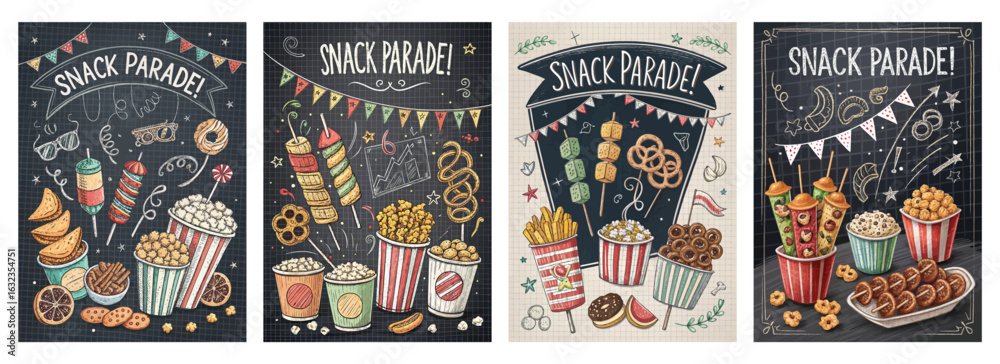 Obraz premium Set of four posters featuring whimsical snack parade illustrations on a chalkboard background