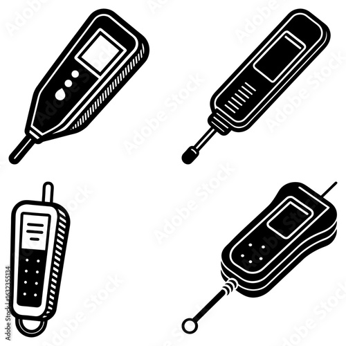 Illustration showcasing four distinct electronic measuring devices in a monochrome style drawing