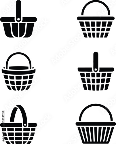 Six Black Shopping Basket Icons on White Background retail commerce