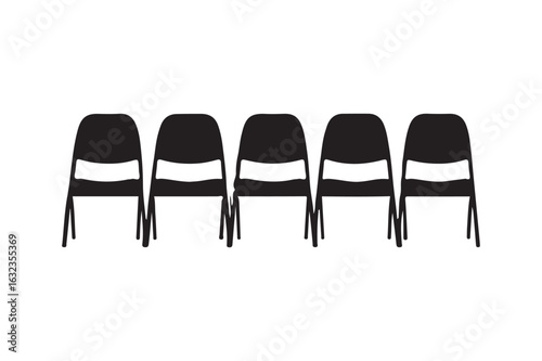 Five empty black chairs lined up against a white background