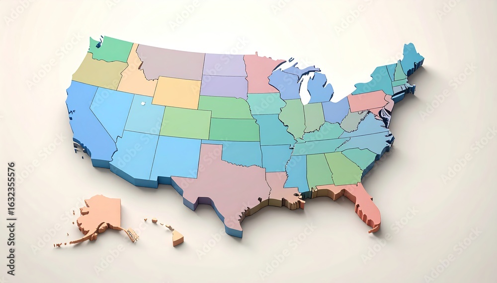 Obraz premium Colorful 3D map of the United States, highlighting individual states.