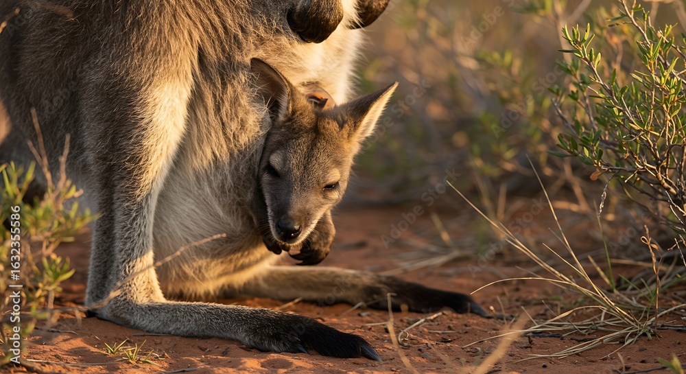 Naklejka premium Adorable joey snuggles in its mother's pouch, basking in the warm golden light of the Australian outback