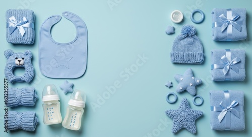 Adorable blue baby essentials laid out neatly for a newborn celebration