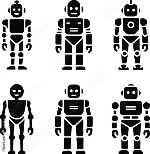 Six black silhouette robots diverse designs white background android cyborg