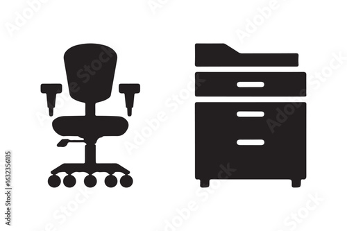 Office furniture icons swivel chair and filing cabinet