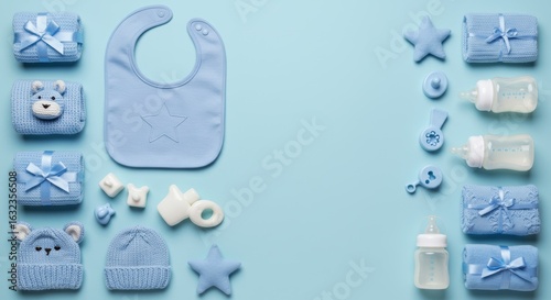 Adorable blue baby essentials arranged artfully for a newborn celebration