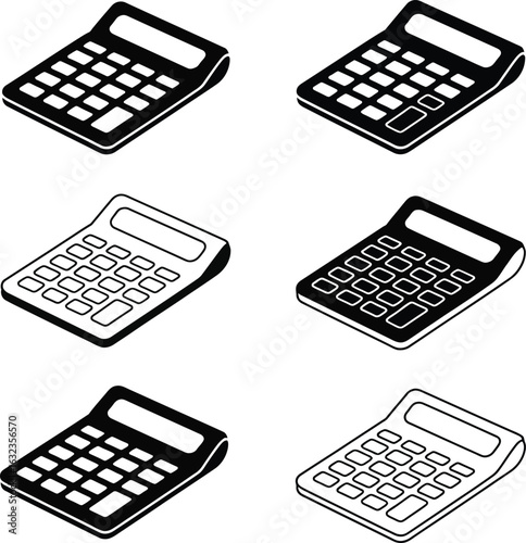 Six isometric calculator icons black and white variations math mathematics calculation