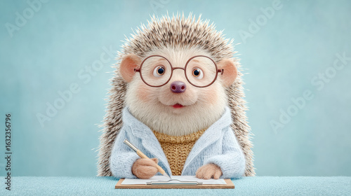 Cartoon hedgehog dressed as a doctor wearing oversized glasses, whimsical character illustration.