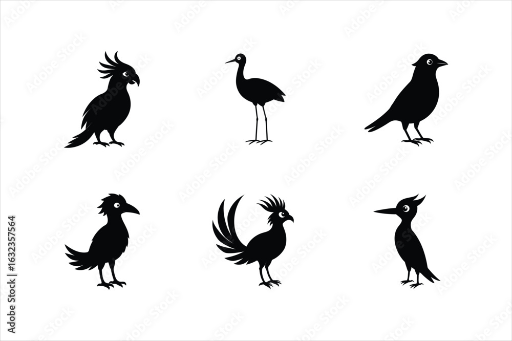 Obraz premium Flying and Perching Birds in Various Poses set of Silhouette Vector Illustration